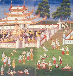 Réunion annuelle des moines en juin à Mandalay, du Nimi Jataka, 1869 - Burmese School
